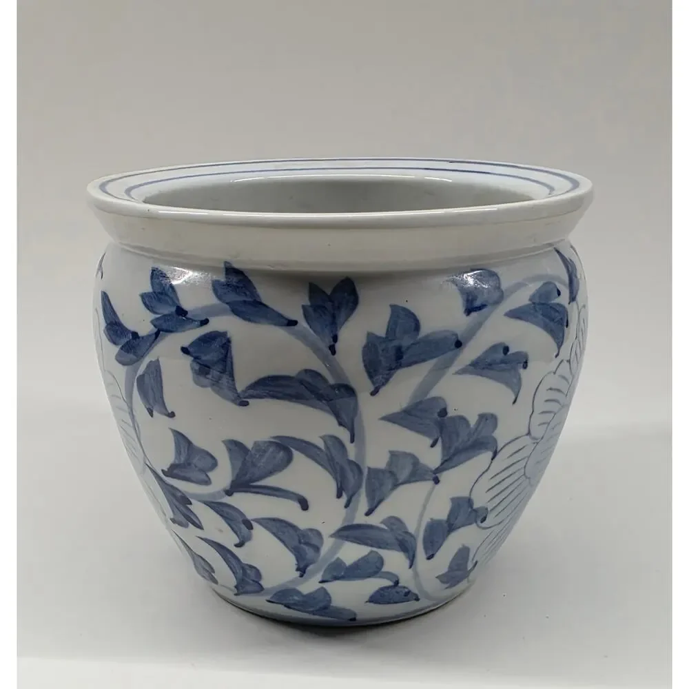 Blue White Floral Ceramic Cachepot Planter Jardiniere 5.25